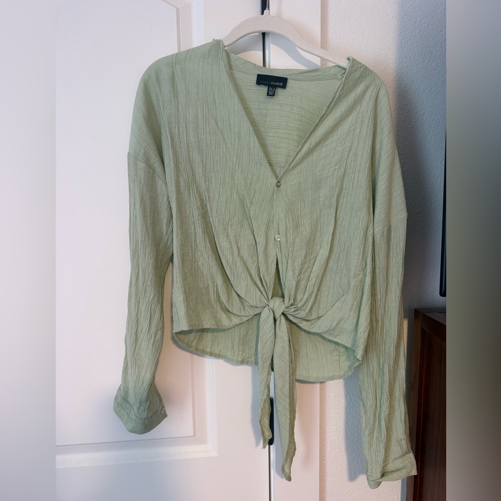 Light Green Button-Up Tie Front Blouse